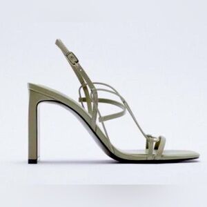 Zara | NWT | Women Tin Strap Square Heel Leather Shoe Light Olive Green …
